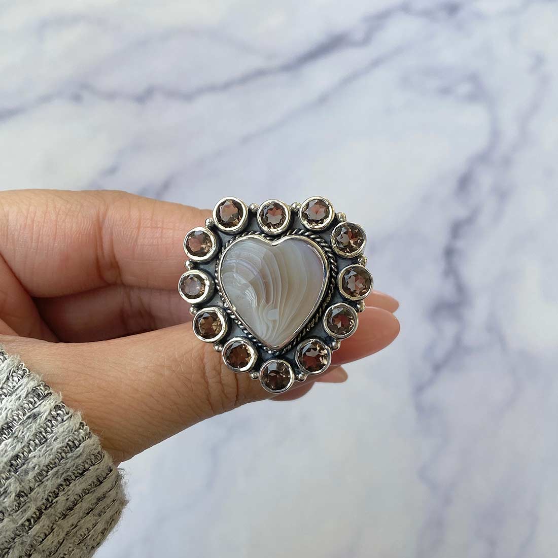 Botswana Agate And Smoky Flower Adjustable Ring-(BWA-FLR-5.)